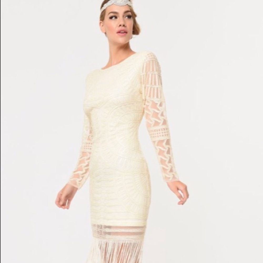 Ivory Beaded Long Sleeved Bizou Flapper Dress NWOT - Picture 5 of 11